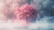ethereal pink tree in cloudy background blurred bottom and white smoke effect
