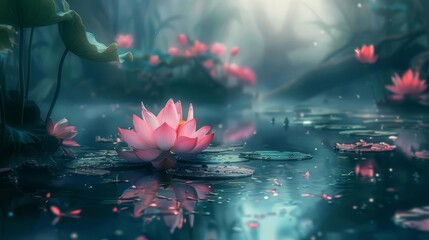 Wall Mural - ethereal lotus flower fantasy with cinematic color grading dreamy nature background digital painting