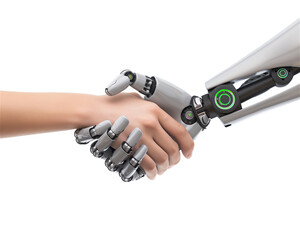 Human hand shaking robot hand on a transparent background. Interaction between humans and artificial intelligence. Technology and the concept of the future. Poster, banner and presentation design.