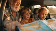 © Лариса Лазебная - A family road trip adventure, with grandparents navigating the map, parents driving the car, and children spotting landmarks along the way. Dynamic and dramatic composition, with c