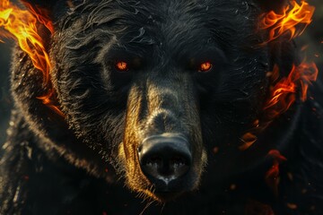 Canvas Print - Ominous Bear face fiery red eyes. Wild head. Generate Ai