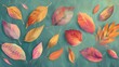 Autumn Leaves Illustration: Colorful Array of Fallen Leaves Against a Textured Green Background.