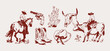 Western Cowboy Hand Drawn Boho Illustration Vector Set Horses Cowboy Hat Boots, Cactus, Cow Skull 