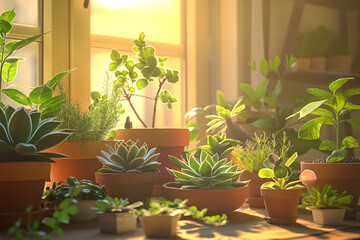Wall Mural - plants in a pot, Pots with indoor plants, a symphony of shapes and shades flourishing within the confines of a sunlit room