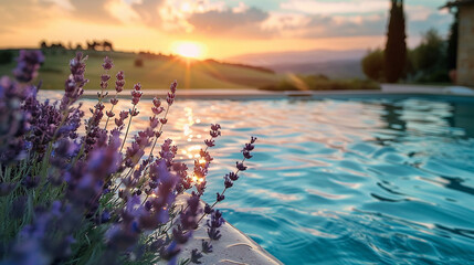 Close-up of a swimming pool in the sunset hour with the Provence region in the background. Vacation concept photo