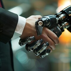 Poster - Futuristic robot handshaking with man, symbolizing partnership in modern business. Cyborg and human cooperation, communication through handshake. Technology, artificial.