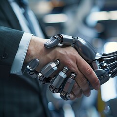 Aufkleber - Businessman shaking hand with futuristic robot, showcasing modern partnership. Human and cyborg in cooperation, blending technology and business. Futuristic concept of AI in.