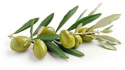Wall Mural - fresh green olive branch isolated on white background healthy mediterranean ingredient