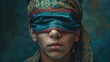 A striking image emerges as we zoom in on a young man adorned with a blindfold its opaque fabric embroidered with nonsensical patterns symbolizing the disturbing concept of restricted press