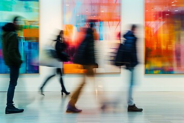 Busy urban corridor with blurred motion of business people, fast-paced lifestyle evident. Modern commuter rush, shopping activity, and fast movement in city center. Abstract,.