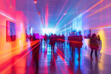 Poster - Futuristic tunnel with glowing lights and vibrant neon design. Abstract, modern space with geometric shapes, bright illumination. Technology and fashion merge in this electric, sci.