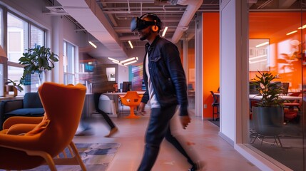 Poster - Young woman in office using VR headset, experiencing augmented reality for business project. Modern tech environment, digital simulation with VR glasses. Entrepreneur working with.