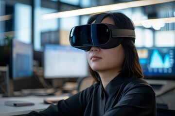 Poster - Asian designer using VR headset in office, engaging in augmented reality design. Professional man with VR goggles, creating futuristic concepts. Young tech expert utilizing virtual.