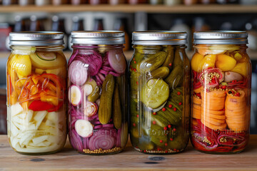Wall Mural - Four jars of pickles are lined up on a wooden table