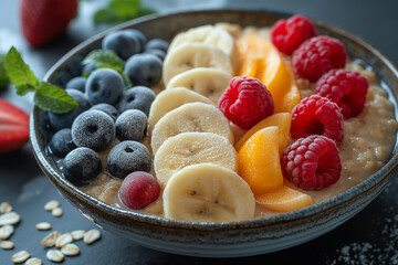 Canvas Print - A bowl of fruit and oatmeal with bananas, blueberries, and raspberries