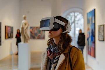 Poster - Woman using virtual reality headset on city rooftop, engaging in fun gaming and entertainment. VR glasses offering futuristic experience, smiling young female enjoying digital.