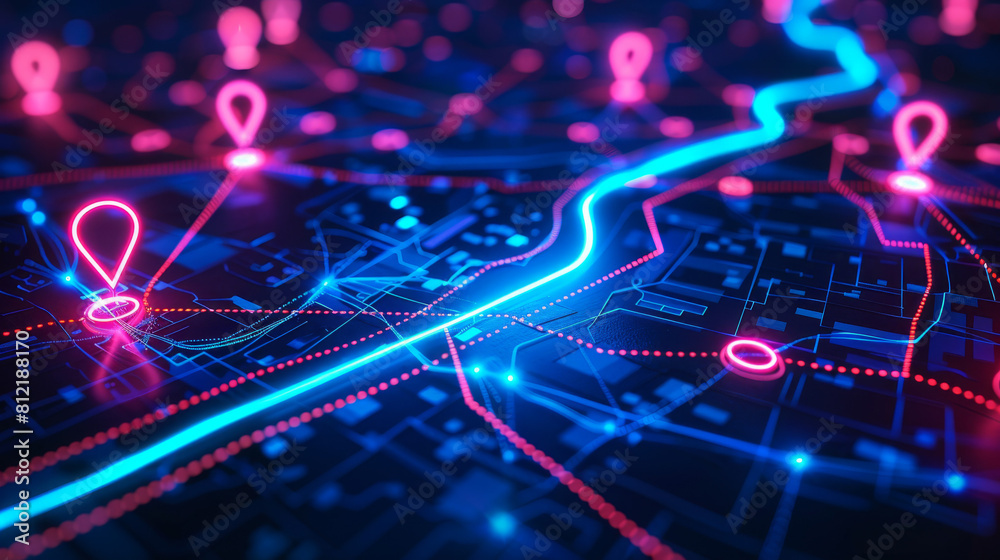 Abstract digital map with a glowing route path and neon pins on a dark ...