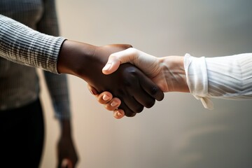 Aufkleber - Handshake in closeup, partnership in business. Black and white person showing friendship, cooperation..