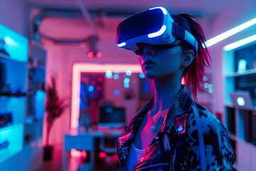 Poster - Woman using virtual reality headset, glasses. Modern digital technology, innovation in VR futuristic..