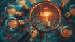 Imagine a magnifying glass zooming in on a target, symbolizing the focus of creative energy on strategic goals. Within the lens, a bright light bulb represents idea generation and innovation. This con