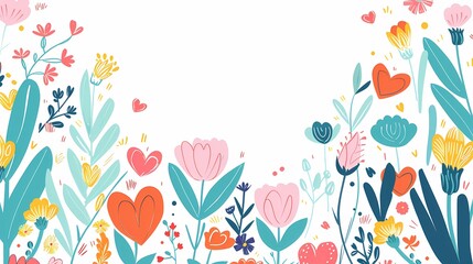 A cheerful array of whimsical flowers and hearts blooming in harmony