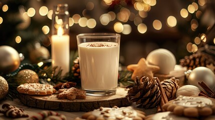 Poster - Digital image depicting light reflections on a festive spread of milk and cookies blending the essence of World Milk Day with Christmas cheer