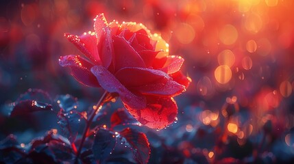   A sharp image of a crimson blossom adorned with dewdrops against an out-of-focus backdrop of red flora