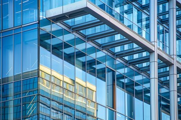 Poster - City architecture, modern skyscraper with blue glass facade. High office building, reflective exterior in urban business center..