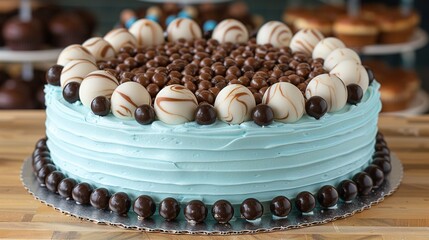 Wall Mural -   A close-up shot of a cake sitting on a table, with an abundance of chocolate candies placed on top