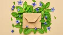   A Beige Background With A Brown Envelope Surrounded By Green Leaves And Blue Flowers