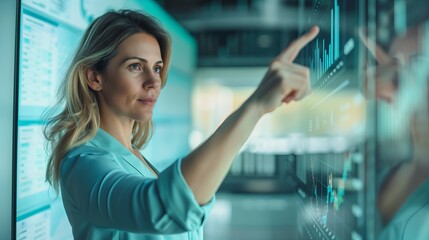 Aufkleber - Futuristic technology in use by businesswoman, digital hologram screen for data analysis. Virtual interface for global network communication, modern office setting. Science and.