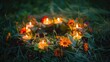 A vibrant flower wreath adorned with flickering candles sits gracefully on the evening meadow serving as a potent symbol of Summer Solstice Day Midsummer and the Litha sabbat This tradition