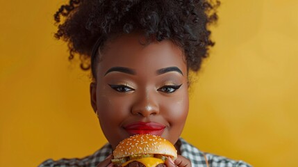 Wall Mural - fat black woman with fast food