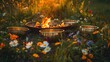 A picturesque scene unfolded as Tibetan bowls resonated during the solstice ritual around the crackling fire nestled within a circle of vibrant wildflowers blooming on the lush green grass 
