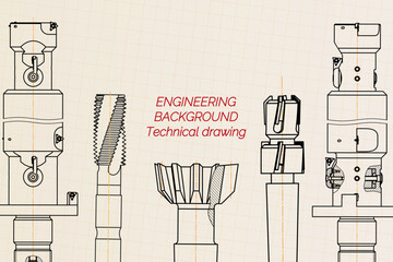 Wall Mural - Mechanical engineering drawings on sepia background. Tap tools, borer. Technical Design. Cover. Blueprint. Vector illustration.