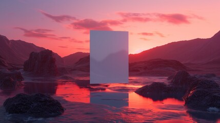 Poster - White, flat, slim, vertical saquare slab levitating. Red sunrise in the hills. Photo studio, blank mockup.