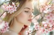 Refreshing Beautiful woman scent of spring. Sunny portrait of lady in blossom garden. Generate ai