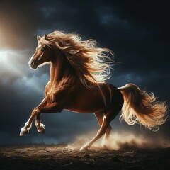 Wall Mural - Brown Horse Running with Flowing Mane Against a Dramatic Sky