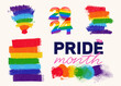 Big set 2024 LGBT pride month. Template logo, background, poster, postcard, banner design. LGBT flags are made by hand with a dry brush on canvas. Vector illustration.