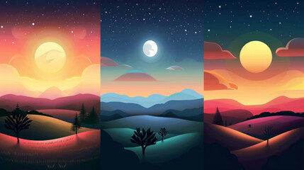 Wall Mural - Different times of day landscapes. Noon sun and night moon over field, morning sunrise and evening sunset vector background illustration set. Summer or spring season at midnight or midday 3D avatars s
