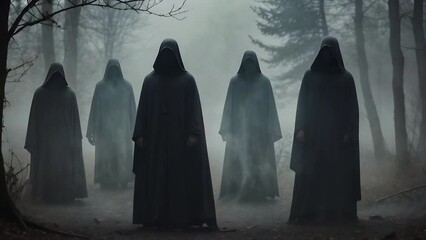 Wall Mural - cloaked figures looming in the mist 4k features an a.i. generated video of five figures in dark robe