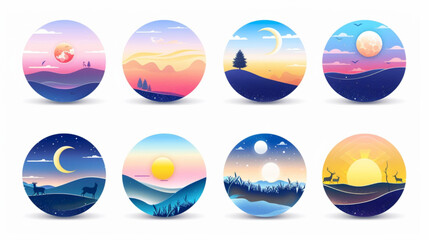 Different times of day landscapes. Noon sun and night moon over field, morning sunrise and evening sunset vector background illustration set. Summer or spring season at midnight or midday 3D avatars s