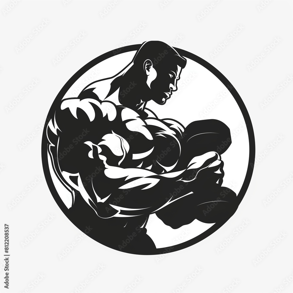 This black and white image features a muscular man in a powerful pose ...