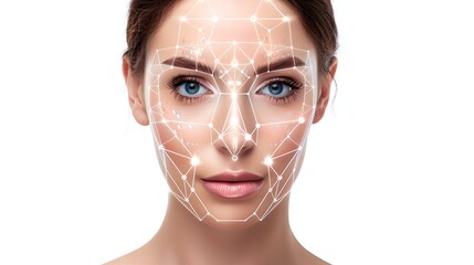 Aufkleber - Futuristic Facial Recognition Scan on a Woman. High-Tech Concept, Digital Identity Verification. Secure Biometric Technology in Use. Digital Security System. AI