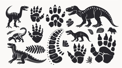Dinosaur footprint. Black dino silhouette fossil paw print. Monster reptile footsteps. Paleontology fossil footprints. Tyrannosaurus, triceratops paws vector set 3D avatars set vector icon, white back