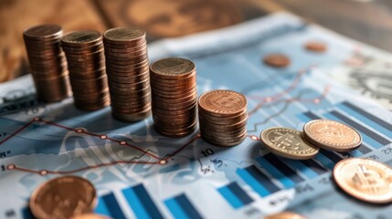 Wall Mural - Closeup stack of gold coins like growth of business graph. Generated AI image