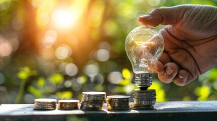 Wall Mural - Saving money concept of human hand holding light bulb with coins stack blur background. Generate AI