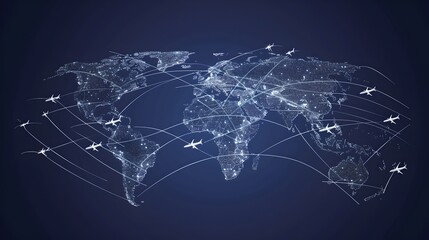 Aufkleber - Global Connectivity Concept with Flight Paths Overlaying Digital World Map. Networking, Travel, and Technology Themes. Modern Design. AI