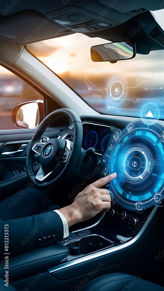 Hands interacting with a digital dashboard in a futuristic vehicle ...