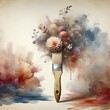A paintbrush with a wooden handle appears to be painting an explosion of colorful flowers and abstract shapes, blending naturistic and artistic elements into one composition